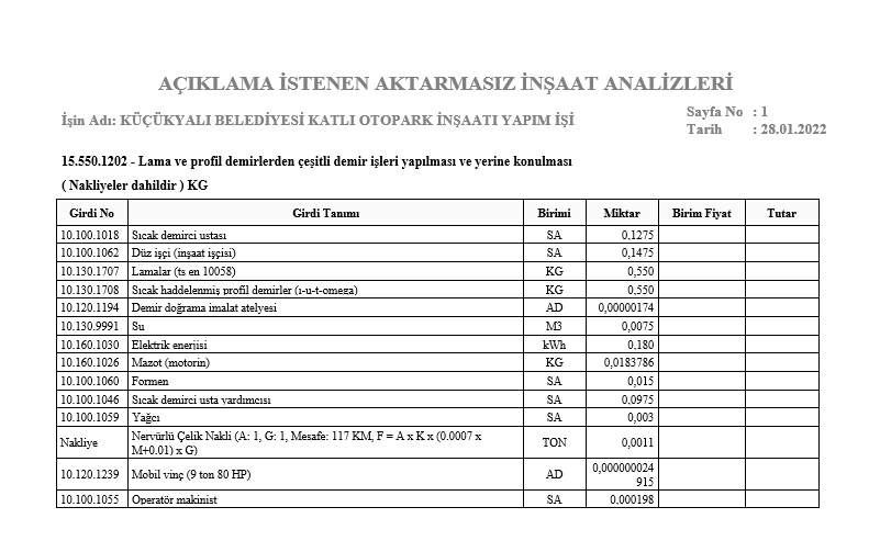 Açıklama İstenen Aktarmasız İnşaat Analizleri