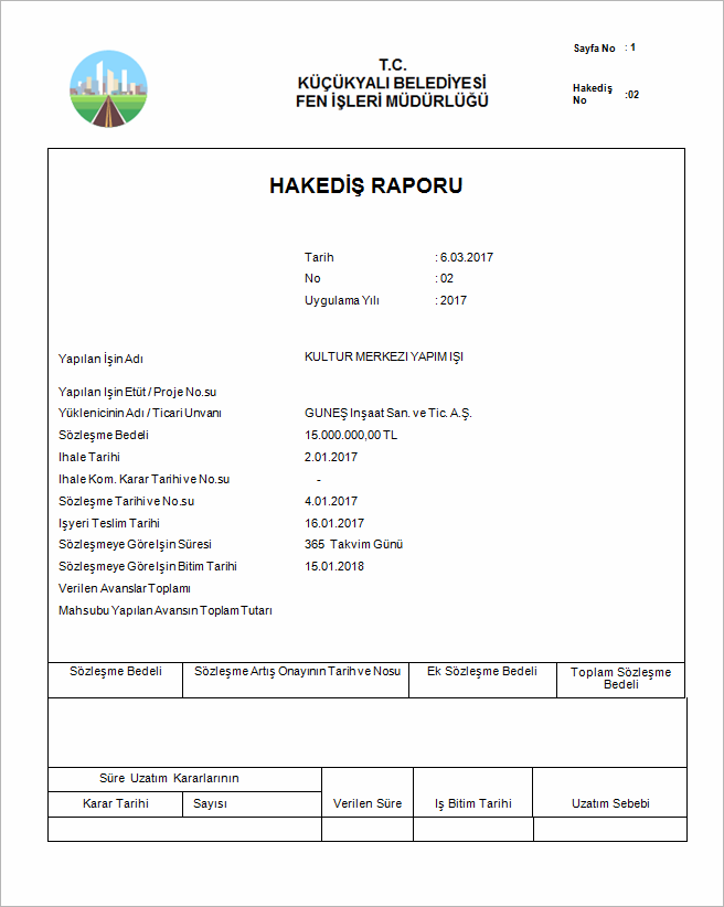 Yapım İşleri Anahtar Teslim Götürü Bedel Örnek Hakediş Ön Kapak Raporu