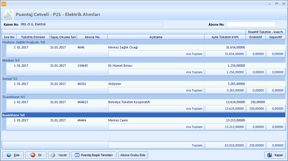Elektrik Alımları Hakedişi - Abone Gruplarına Göre Puantaj Hesabı