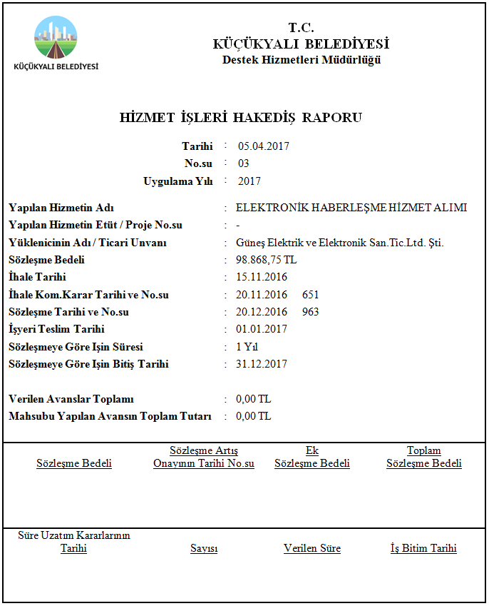 Elektronik Haberleşme Hizmet Alımları Hakedişi Hakediş Ön Kapak Raporu