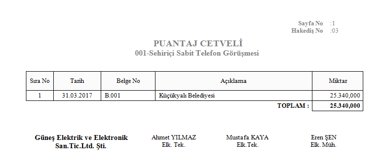 Elektronik Haberleşme Hizmet Alımları Puantaj Cetveli Raporu