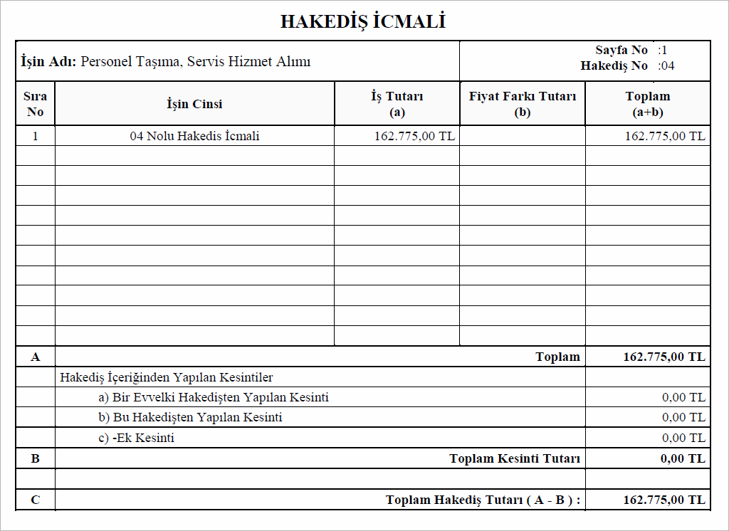 Personel Taşıma, Servis Hizmet Alımı Hakediş İcmali Raporu